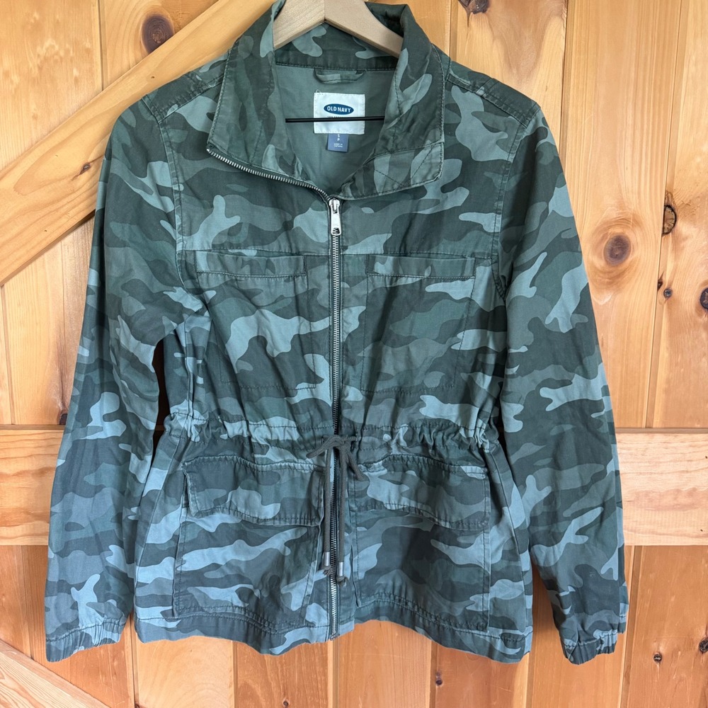Old Navy Field Jacket Women Small Green Camo‎ Full Zip Drawstring Waist Utility